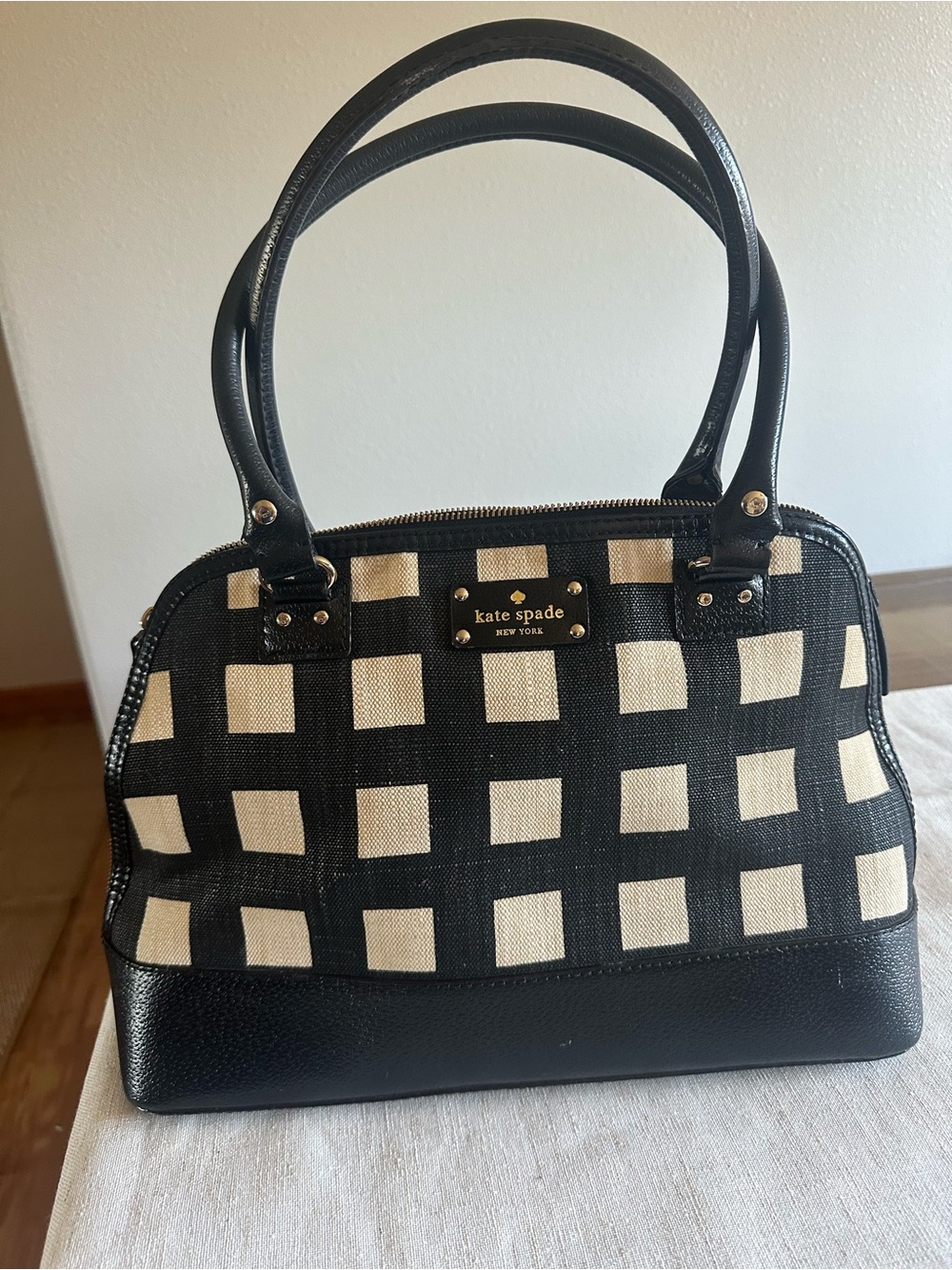 kate spade Black & Cream Checker Canvas Satchel with Leather Trim